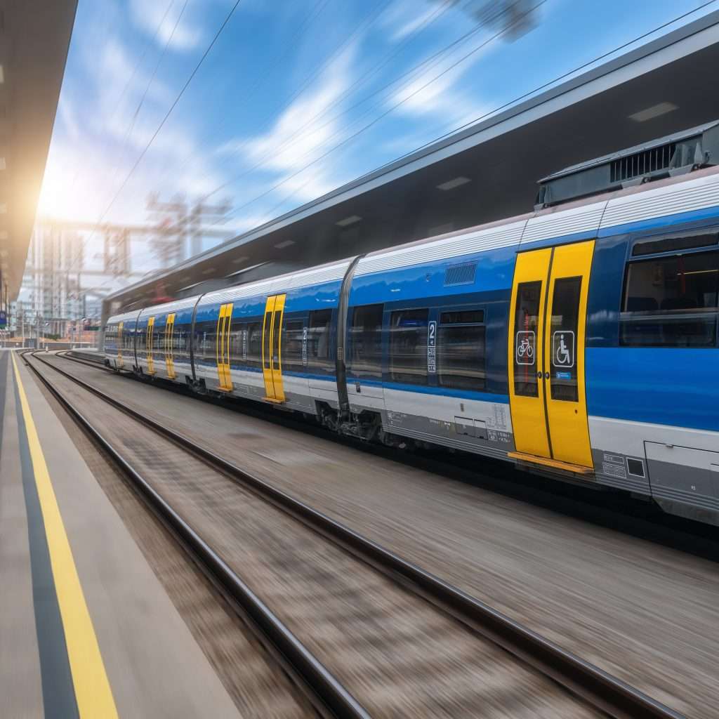 Blue high speed train in motion on the railway station at sunset